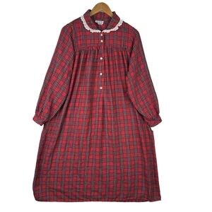 Vintage Lanz of Salzburg Red Tartan Flannel Nightgown Lace Collar Cottagecore S